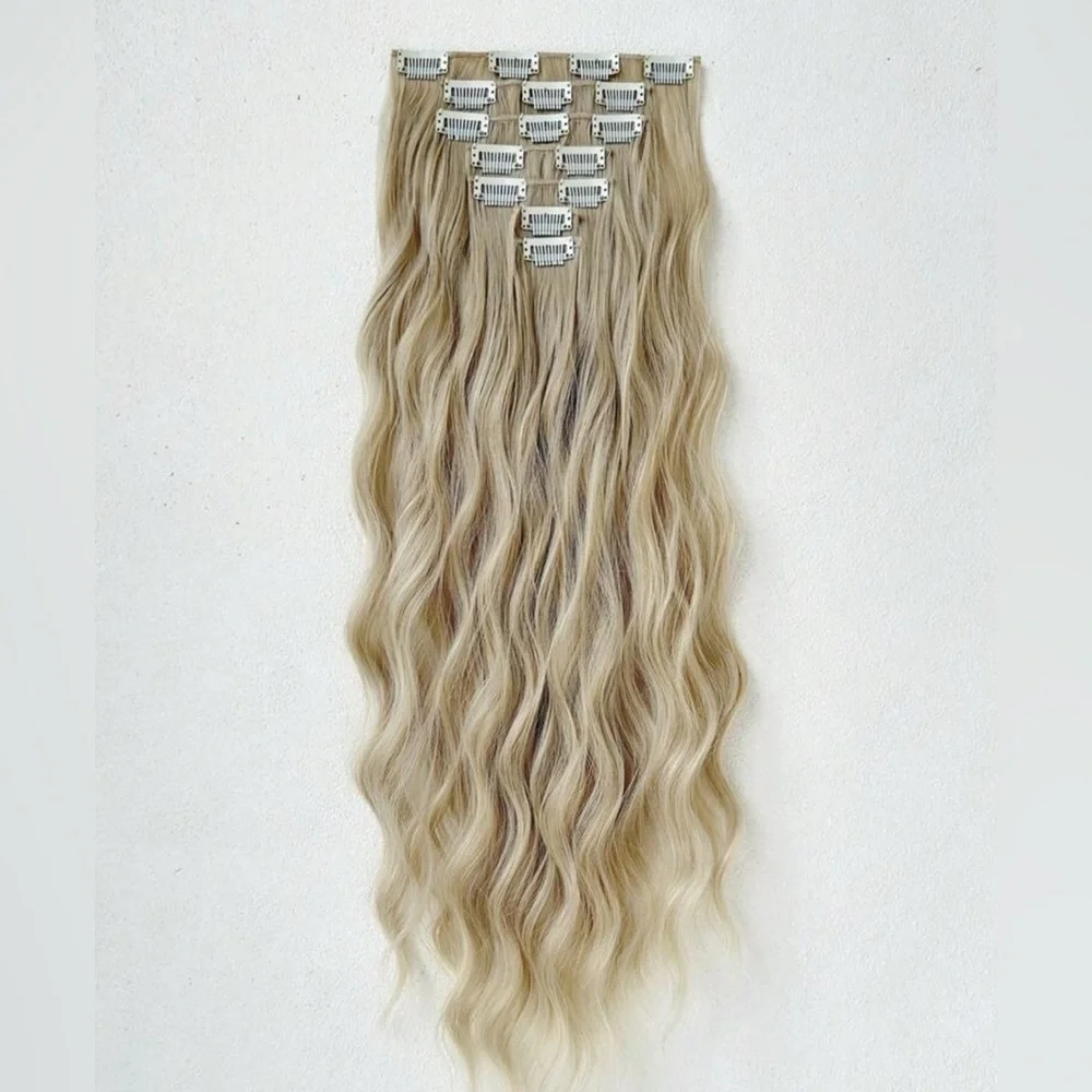 Long Wavy Blonde Clip-In Hair Extensions – 7 Piece Set, Natural  Ash Blonde